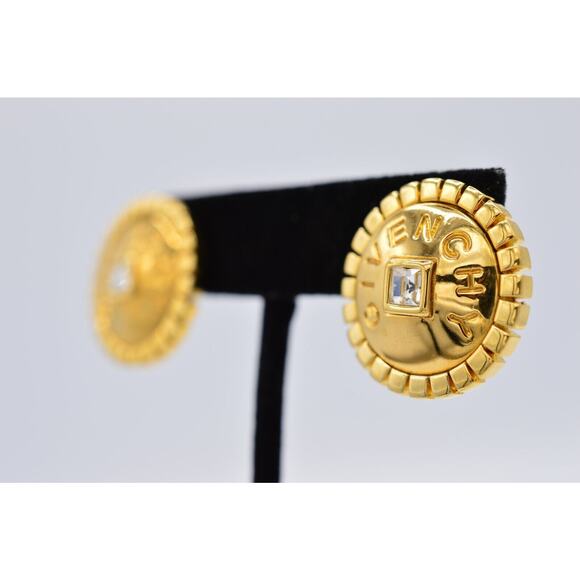 Givenchy Vintage Logo Earrings Crystal Block Letter Button Gold Signed 80s BinAF - Picture 2 of 12